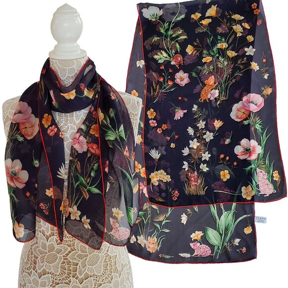 SALVATORE FERRAGAMO SCARF LONG SIGNATURE FLOWER MOUSE MULTI COLOR PRINT SILK 76